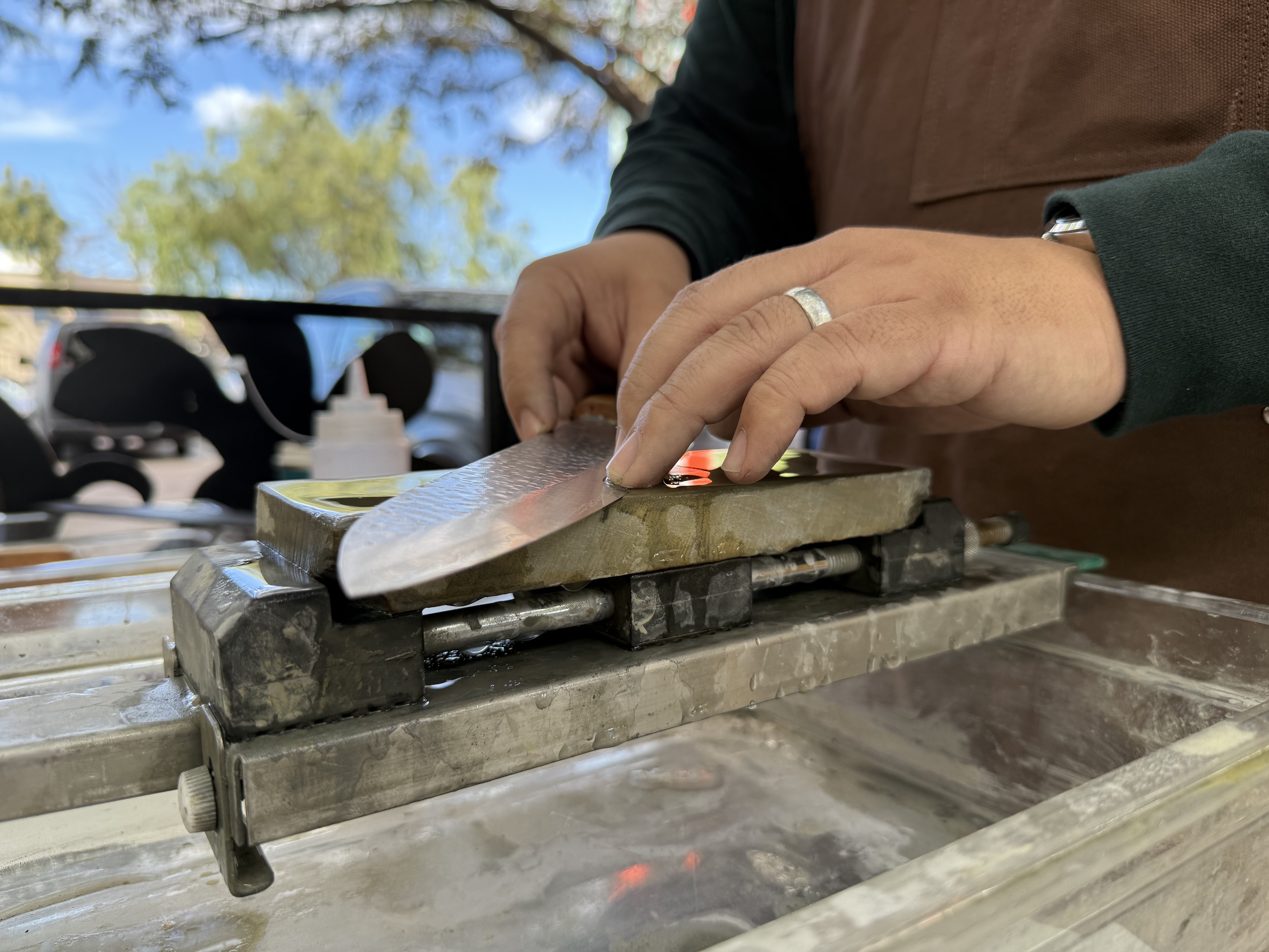 Close up of Steve sharpening a knife